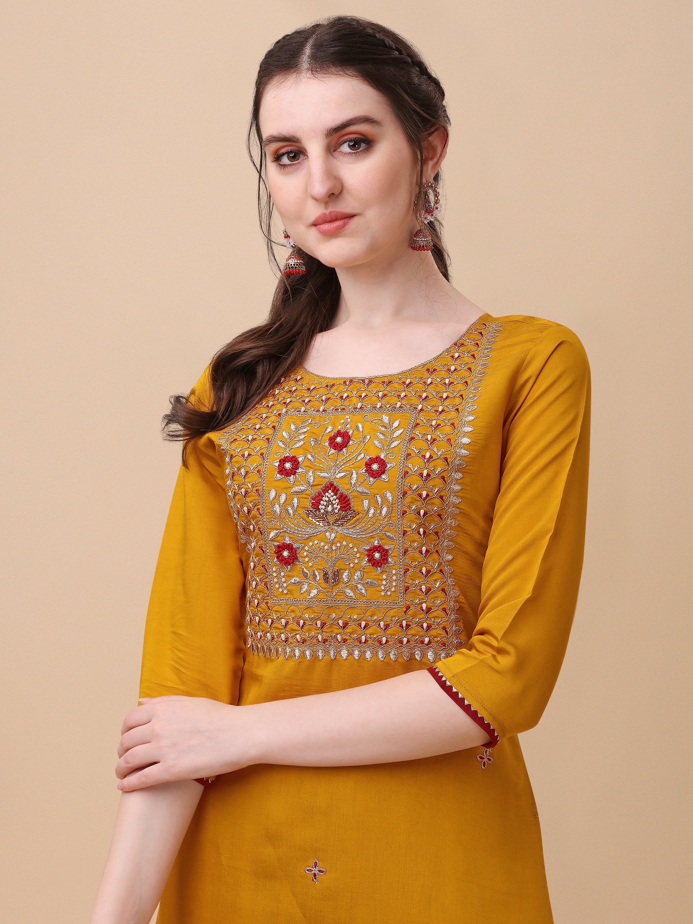 Hand Embroidered Kurta With Pant & Banarasi Dupatta, Multicolor - Hiral Fashion | Grocsy