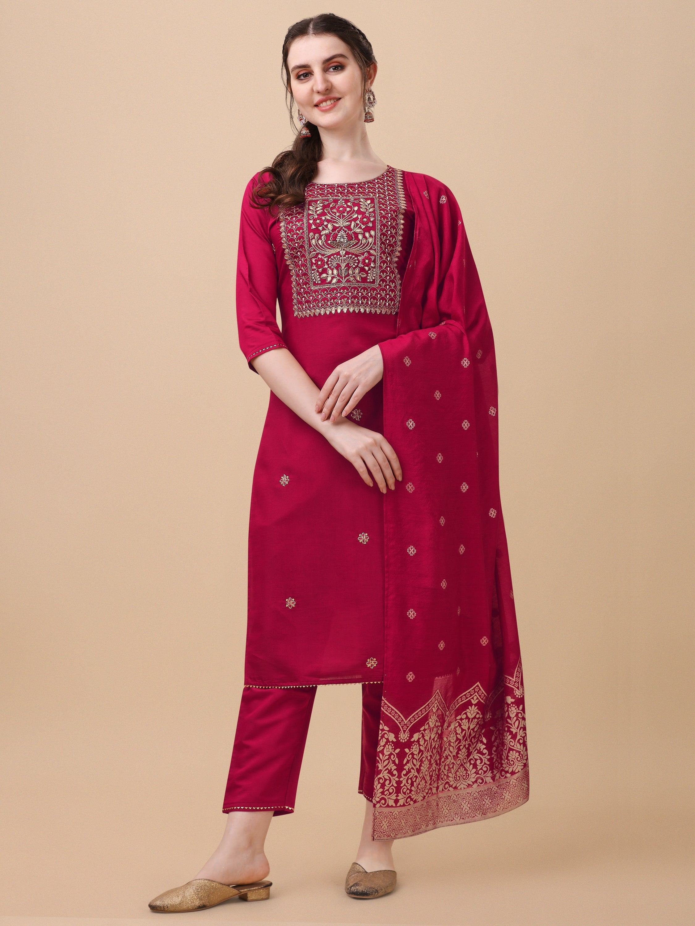 Hand Embroidered Kurta With Pant & Banarasi Dupatta, Multicolor - Hiral Fashion | Grocsy