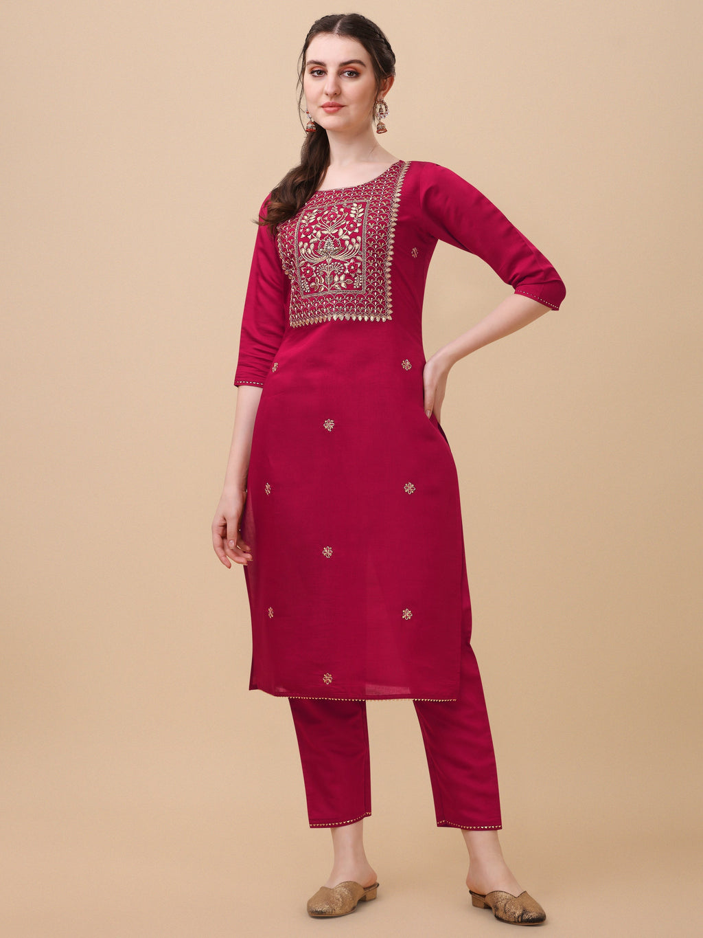Hand Embroidered Kurta With Pant & Banarasi Dupatta, Multicolor - Hiral Fashion | Grocsy