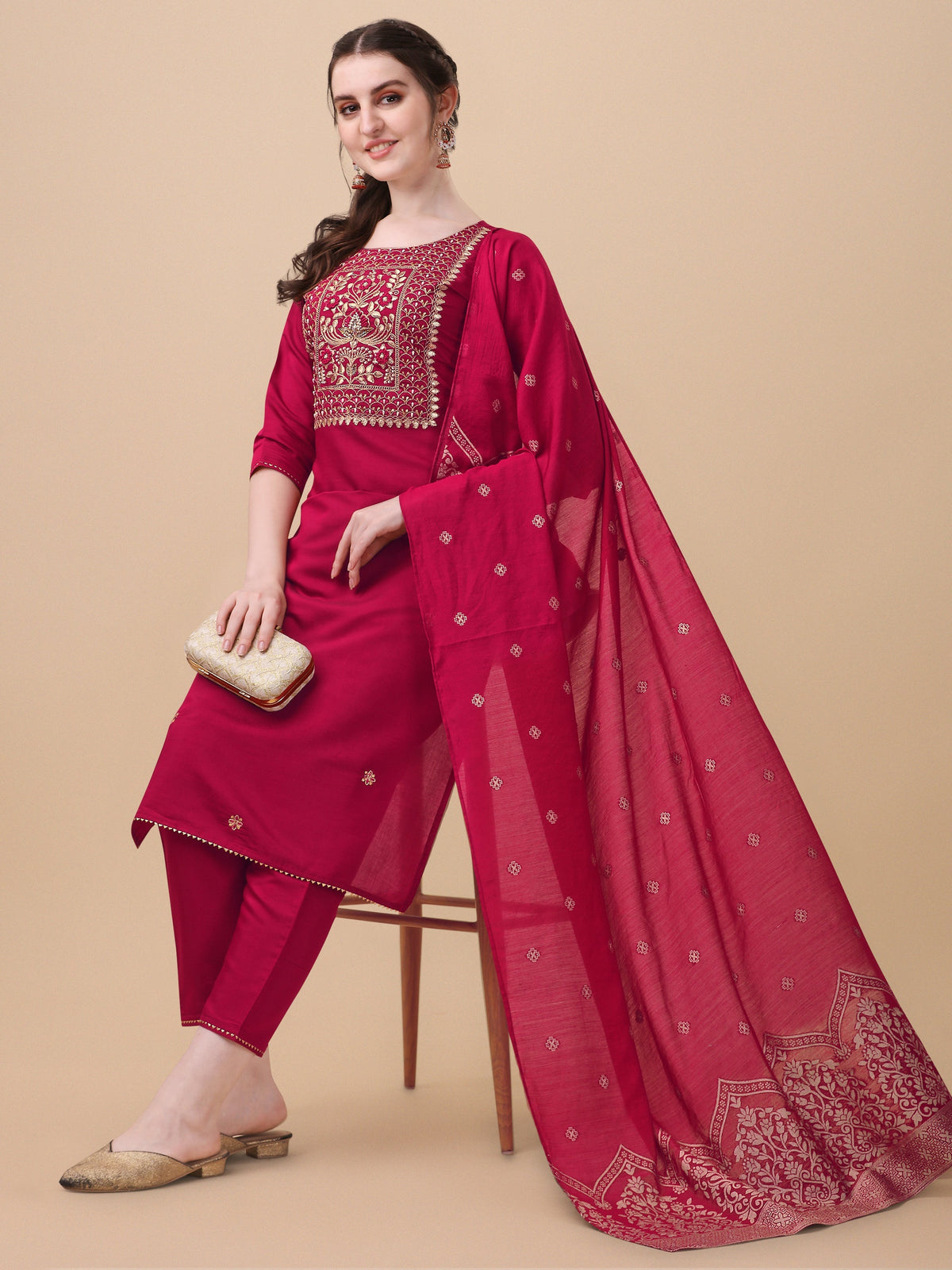 Hand Embroidered Kurta With Pant & Banarasi Dupatta, Multicolor - Hiral Fashion | Grocsy