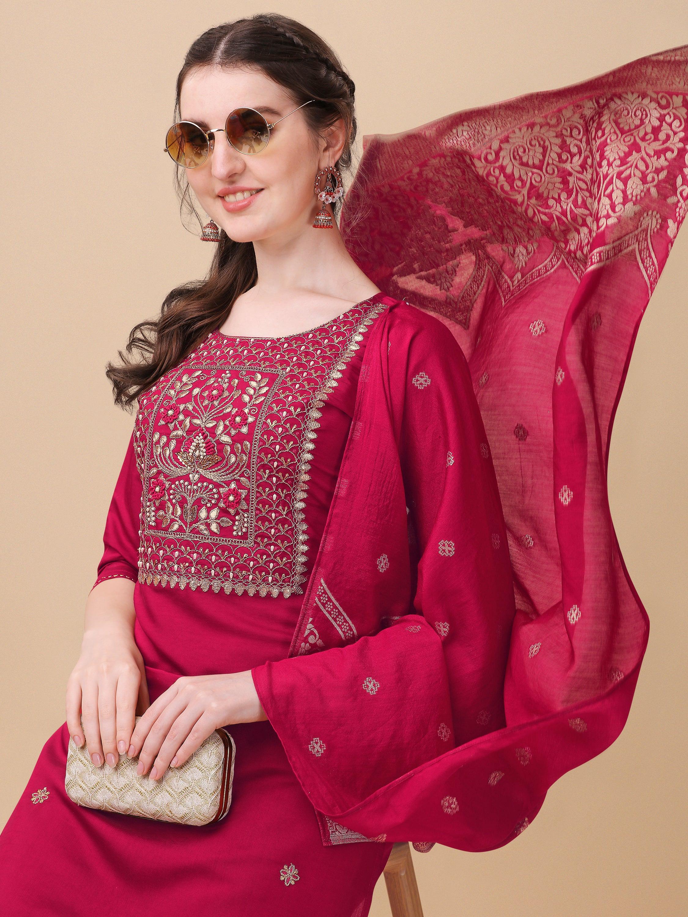 Hand Embroidered Kurta With Pant & Banarasi Dupatta, Multicolor - Hiral Fashion | Grocsy
