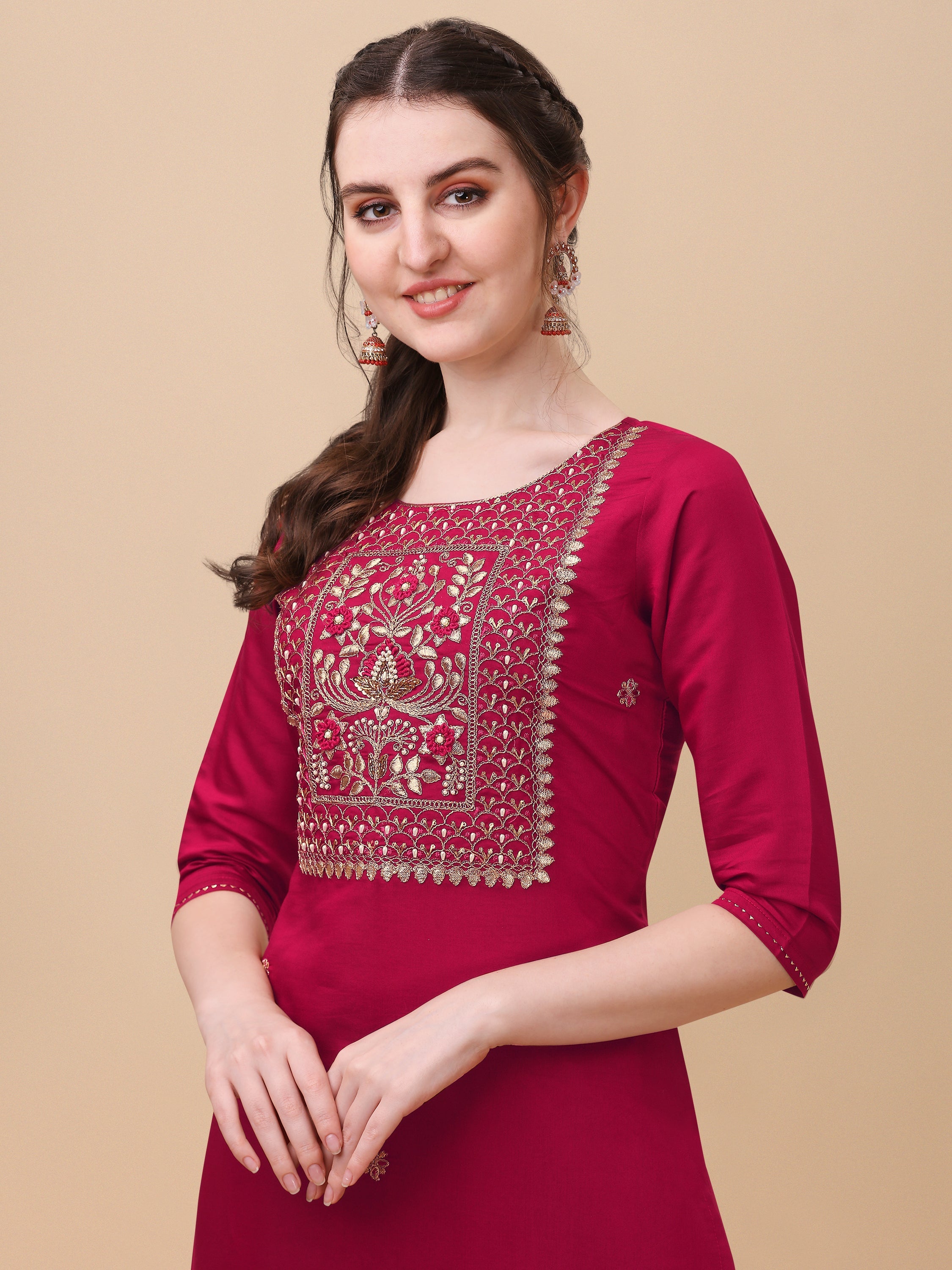 Hand Embroidered Kurta With Pant & Banarasi Dupatta, Multicolor - Hiral Fashion | Grocsy
