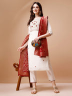 Hand Embroidered Kurta With Pant & Banarasi Jacquard Dupatta, Multicolor - Hiral Fashion | Grocsy