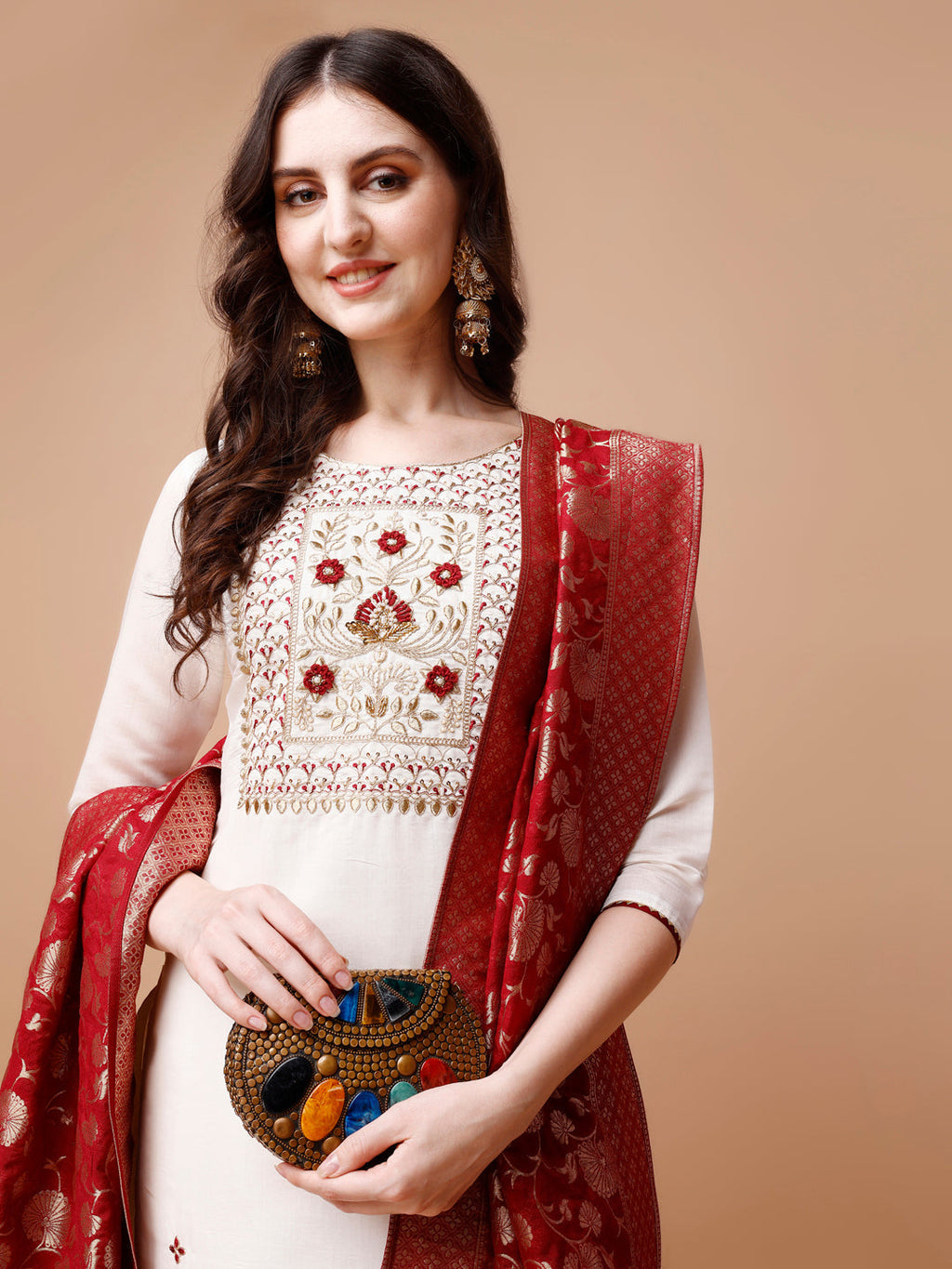Hand Embroidered Kurta With Pant & Banarasi Jacquard Dupatta, Multicolor - Hiral Fashion | Grocsy