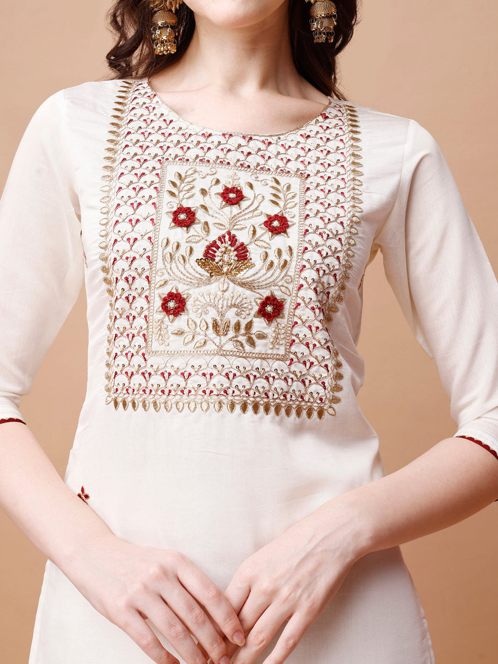 Hand Embroidered Kurta With Pant & Banarasi Jacquard Dupatta, Multicolor - Hiral Fashion | Grocsy