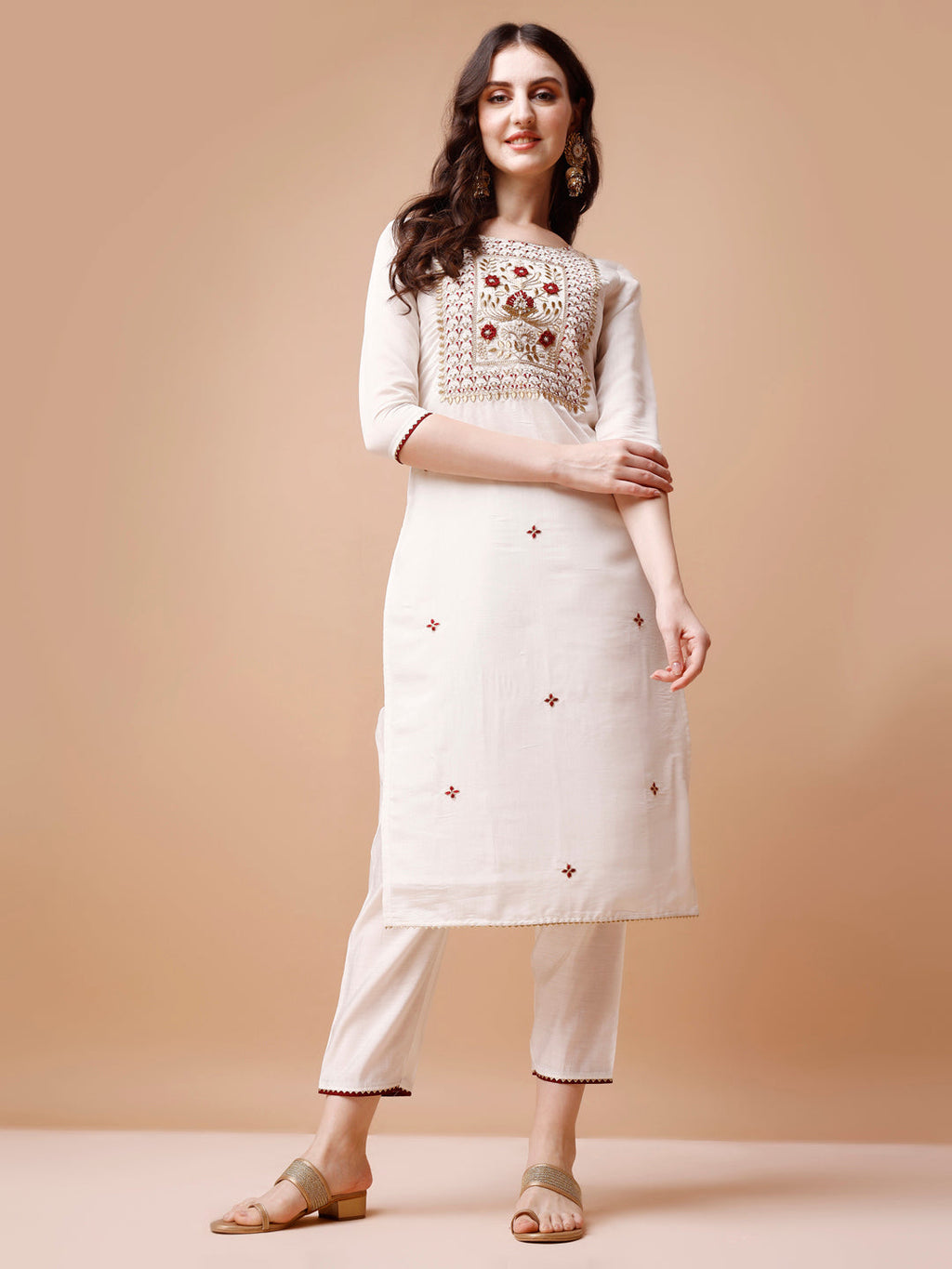 Hand Embroidered Kurta With Pant & Banarasi Jacquard Dupatta, Multicolor - Hiral Fashion | Grocsy
