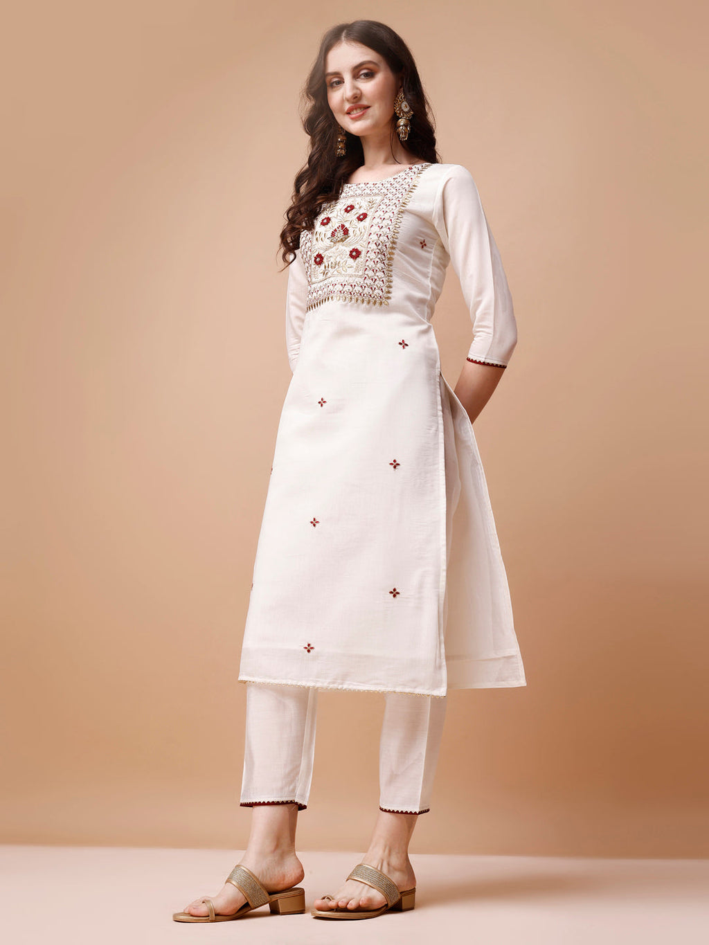 Hand Embroidered Kurta With Pant & Banarasi Jacquard Dupatta, Multicolor - Hiral Fashion | Grocsy