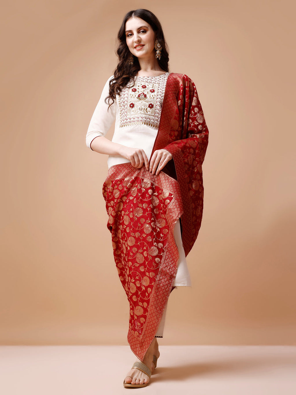Hand Embroidered Kurta With Pant & Banarasi Jacquard Dupatta, Multicolor - Hiral Fashion | Grocsy
