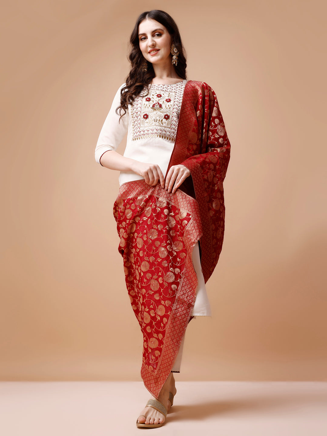 Hand Embroidered Kurta With Pant & Banarasi Jacquard Dupatta, Multicolor - Hiral Fashion | Grocsy