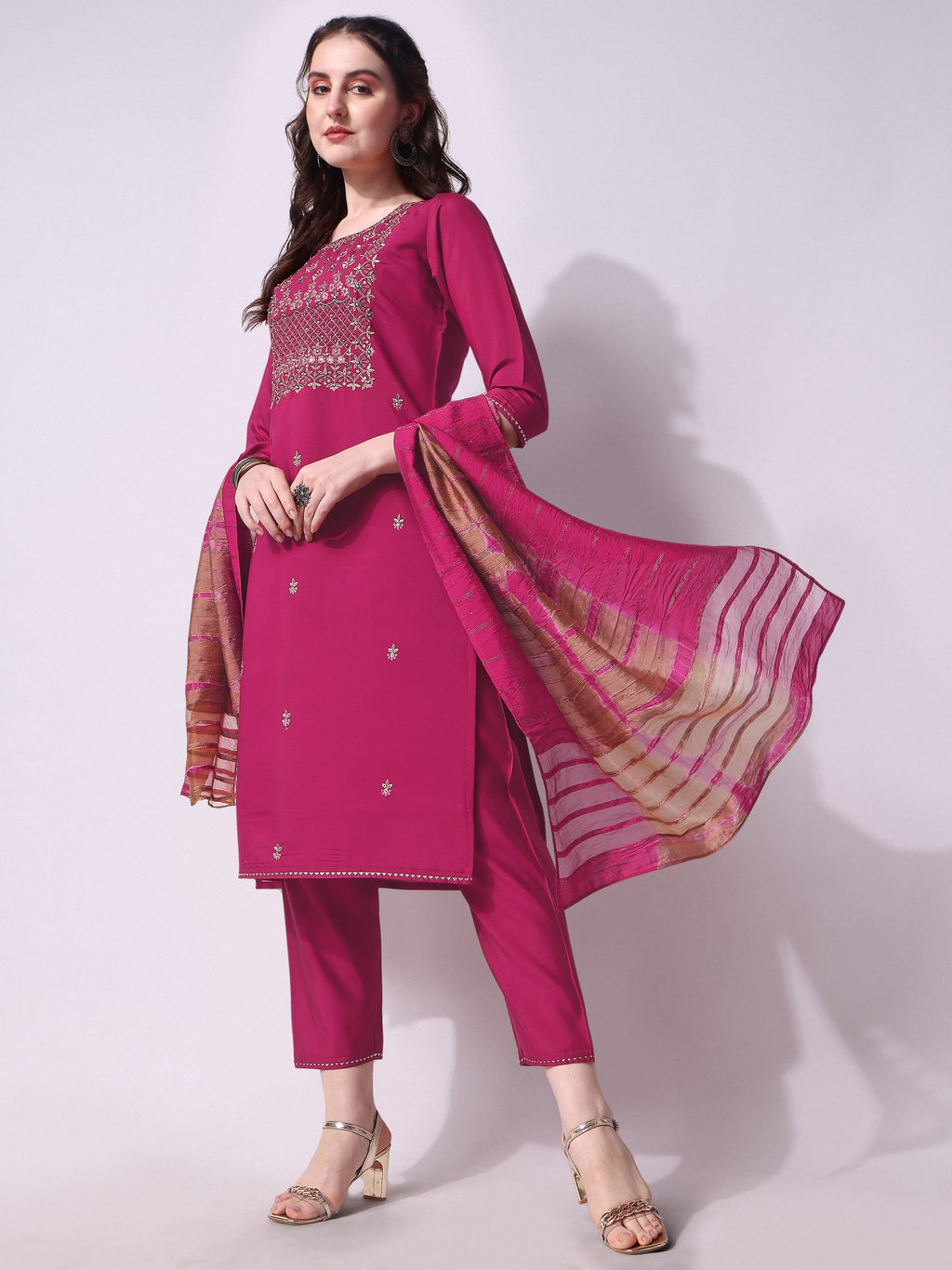 Embroidered Kurta With Pant & Dupatta Set, Multicolor - Hiral Fashion | Grocsy