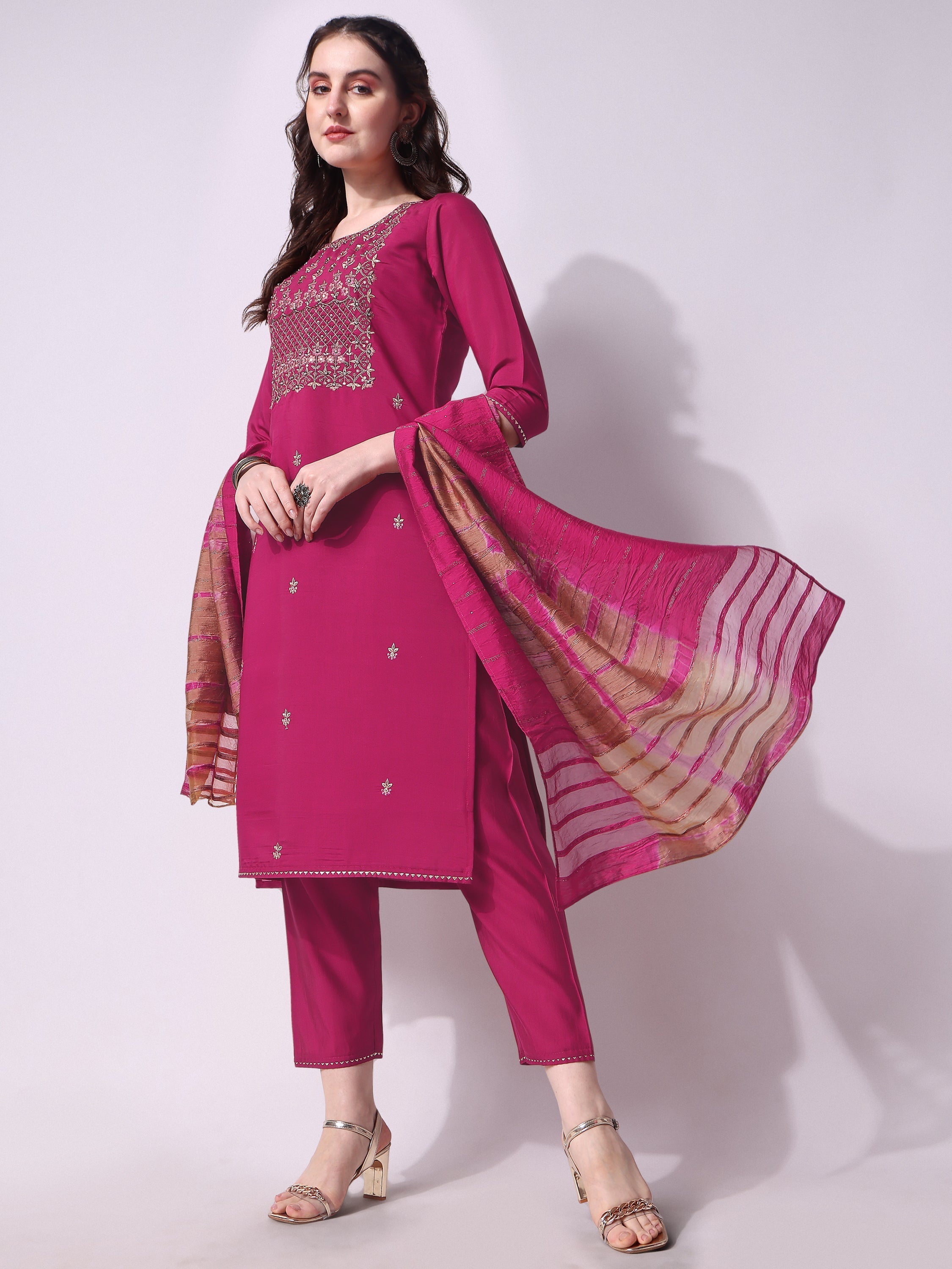 Embroidered Kurta With Pant & Dupatta Set, Multicolor - Hiral Fashion | Grocsy