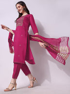 Embroidered Kurta With Pant & Dupatta Set, Multicolor - Hiral Fashion | Grocsy