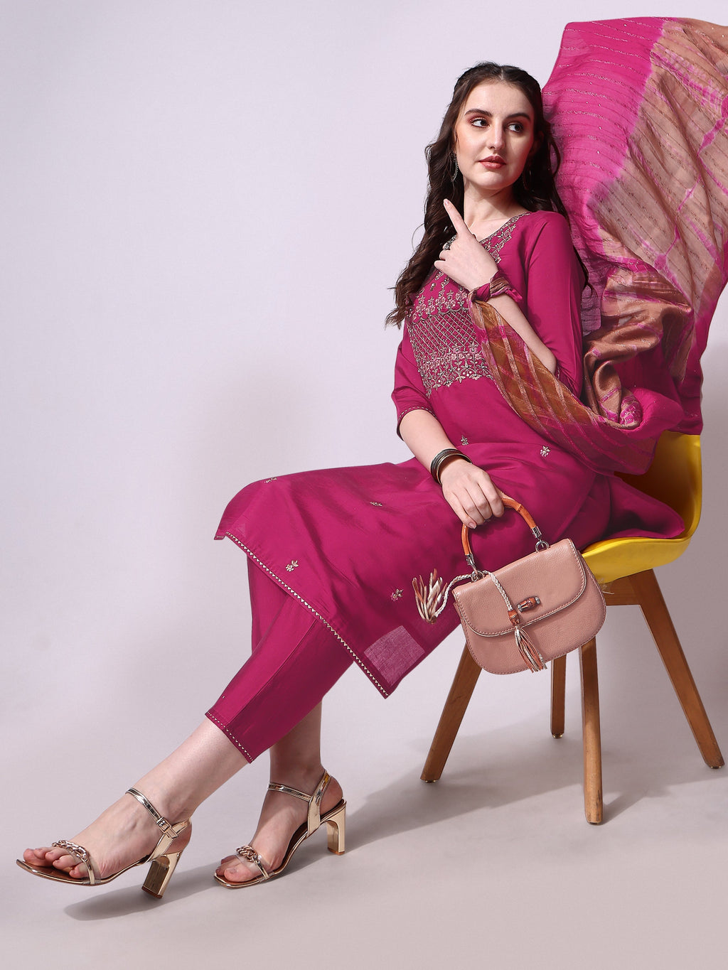 Embroidered Kurta With Pant & Dupatta Set, Multicolor - Hiral Fashion | Grocsy