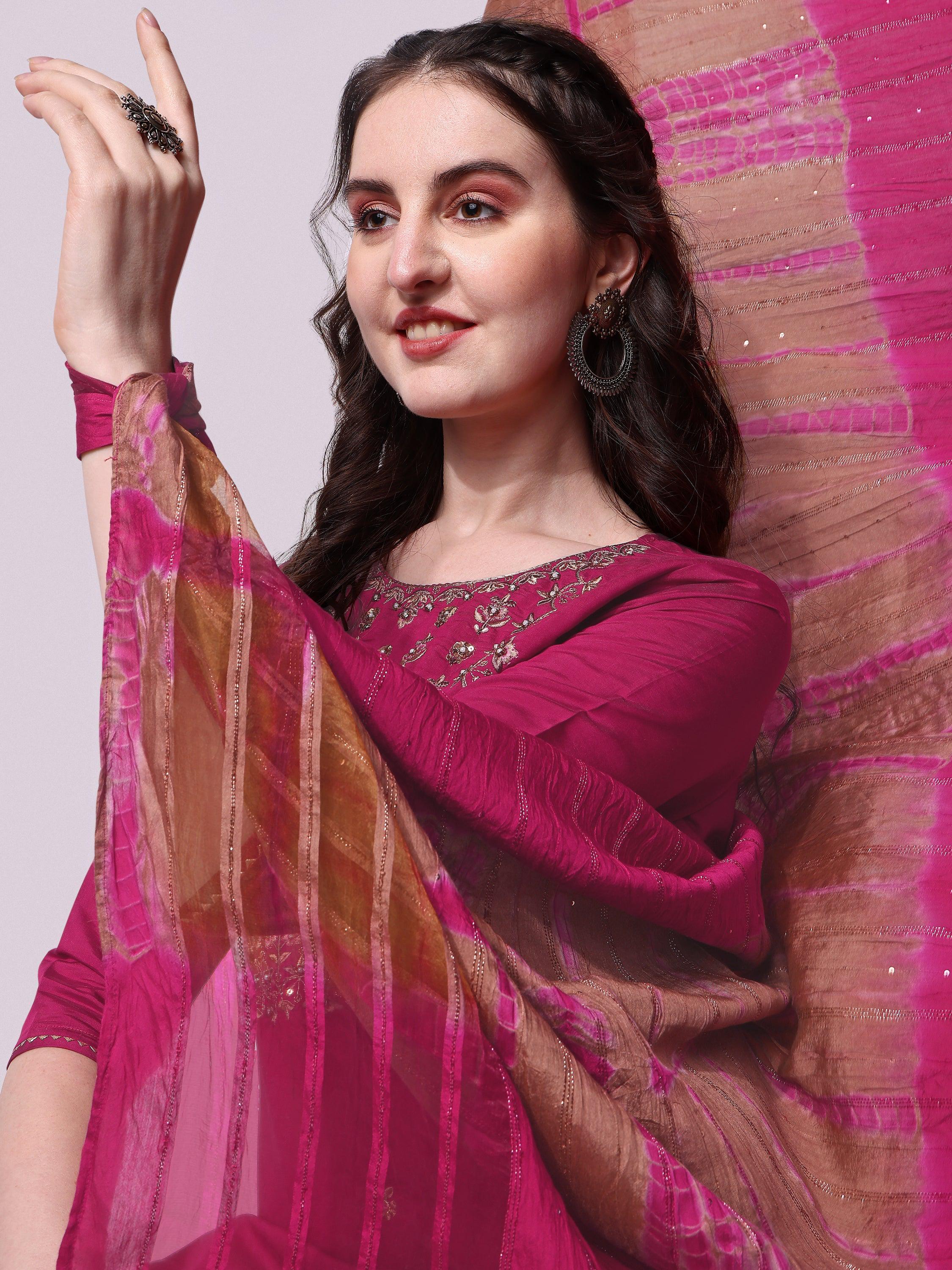 Embroidered Kurta With Pant & Dupatta Set, Multicolor - Hiral Fashion | Grocsy