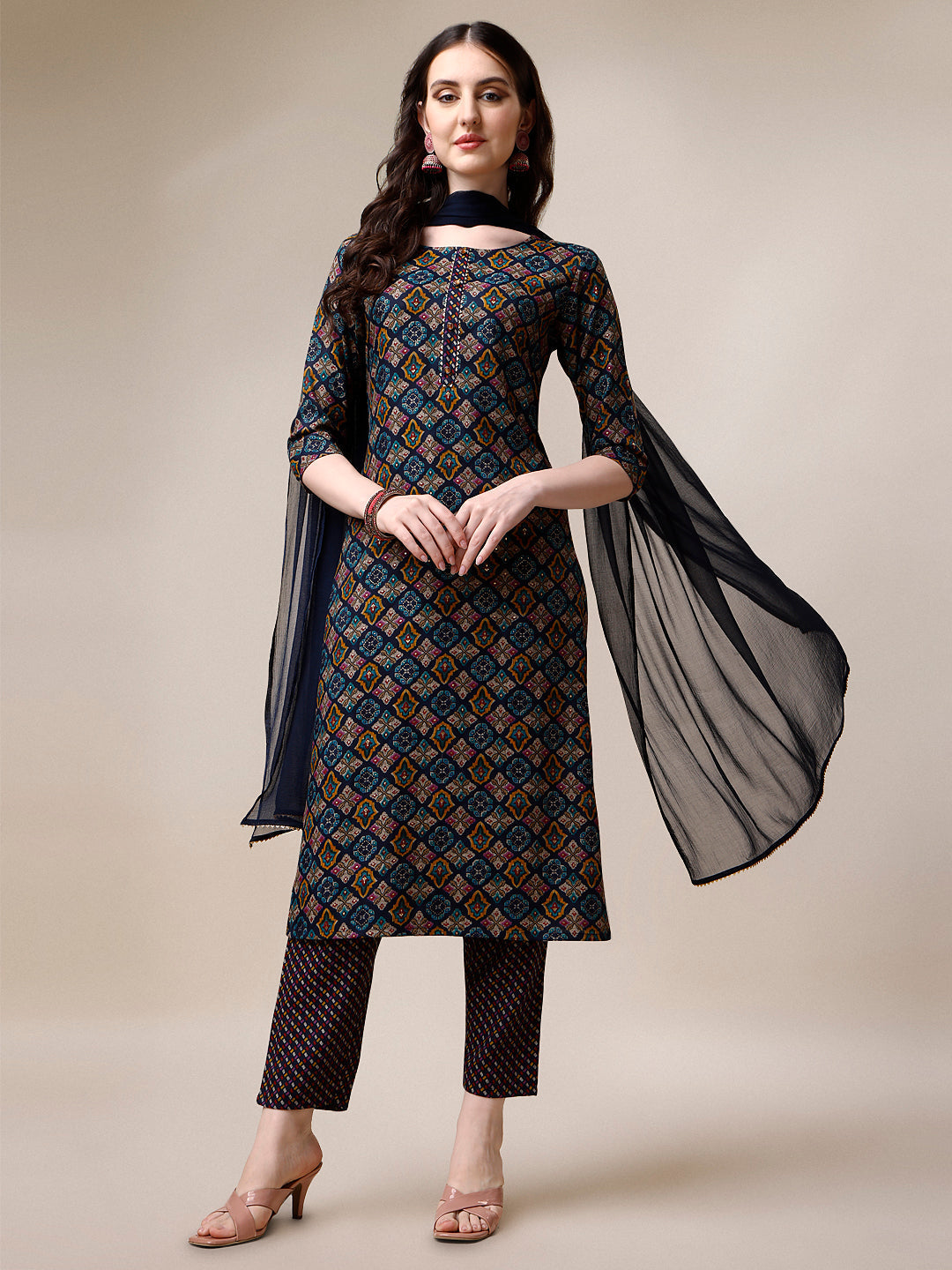 Printed Kurta With Pant & Dupatta Set, Multicolor - Hiral Fashion | Grocsy