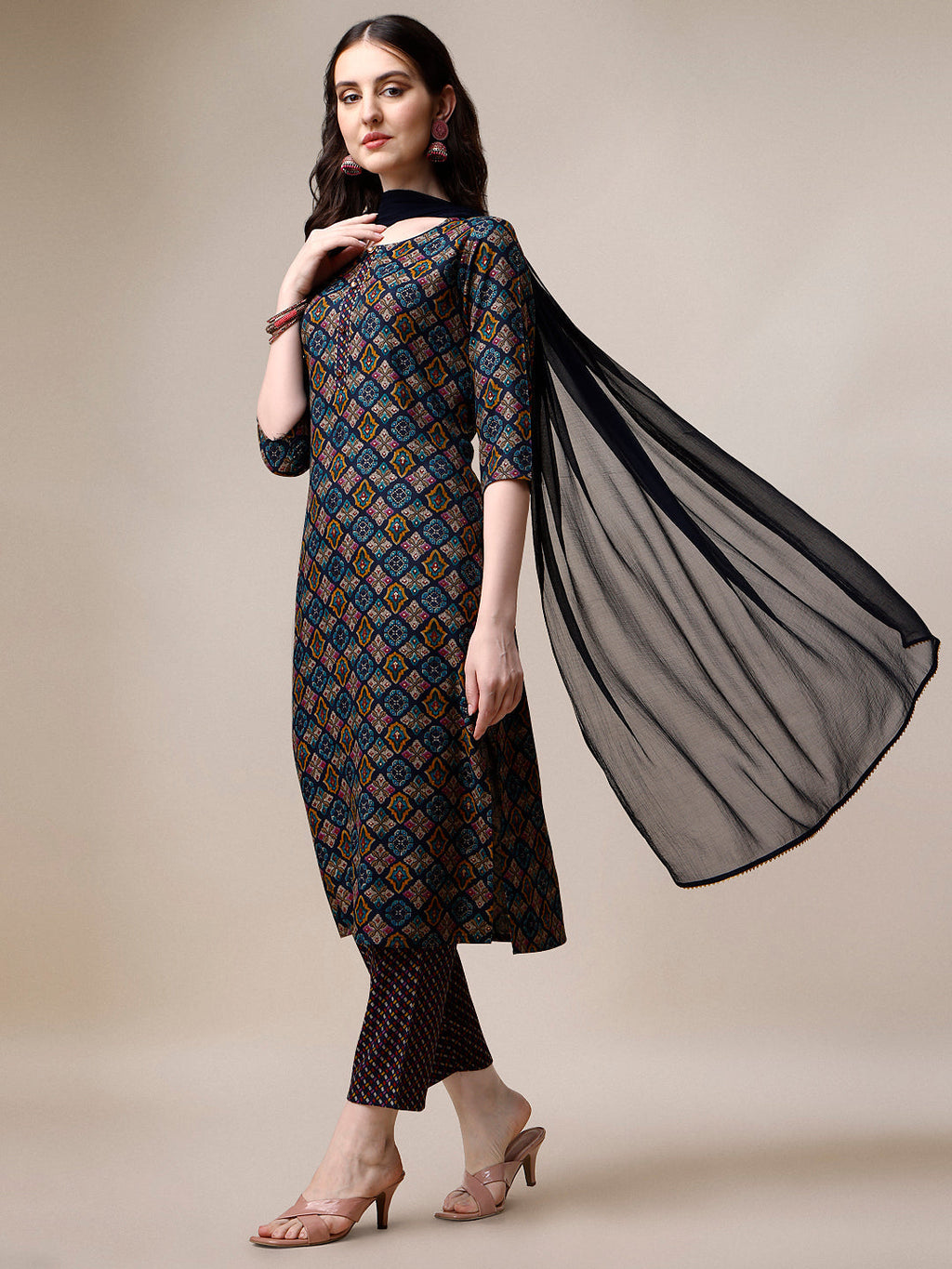 Printed Kurta With Pant & Dupatta Set, Multicolor - Hiral Fashion | Grocsy