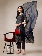 Printed Kurta With Pant & Dupatta Set, Multicolor - Hiral Fashion | Grocsy