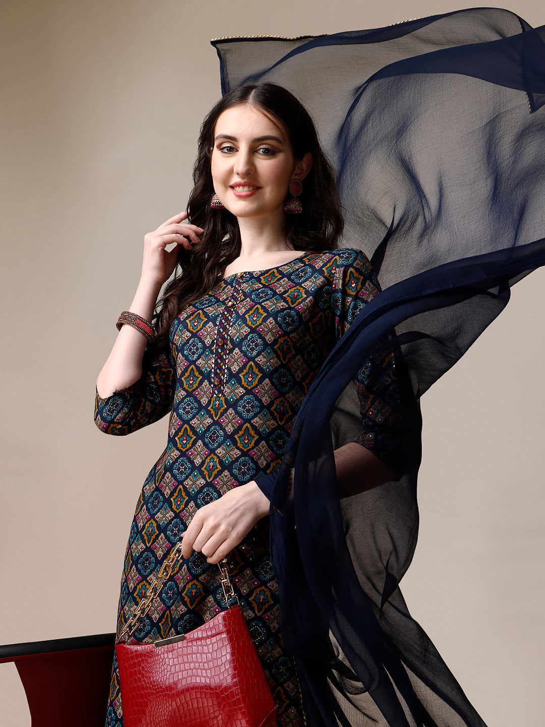 Printed Kurta With Pant & Dupatta Set, Multicolor - Hiral Fashion | Grocsy