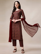 Printed Kurta With Pant & Dupatta Set, Multicolor - Hiral Fashion | Grocsy