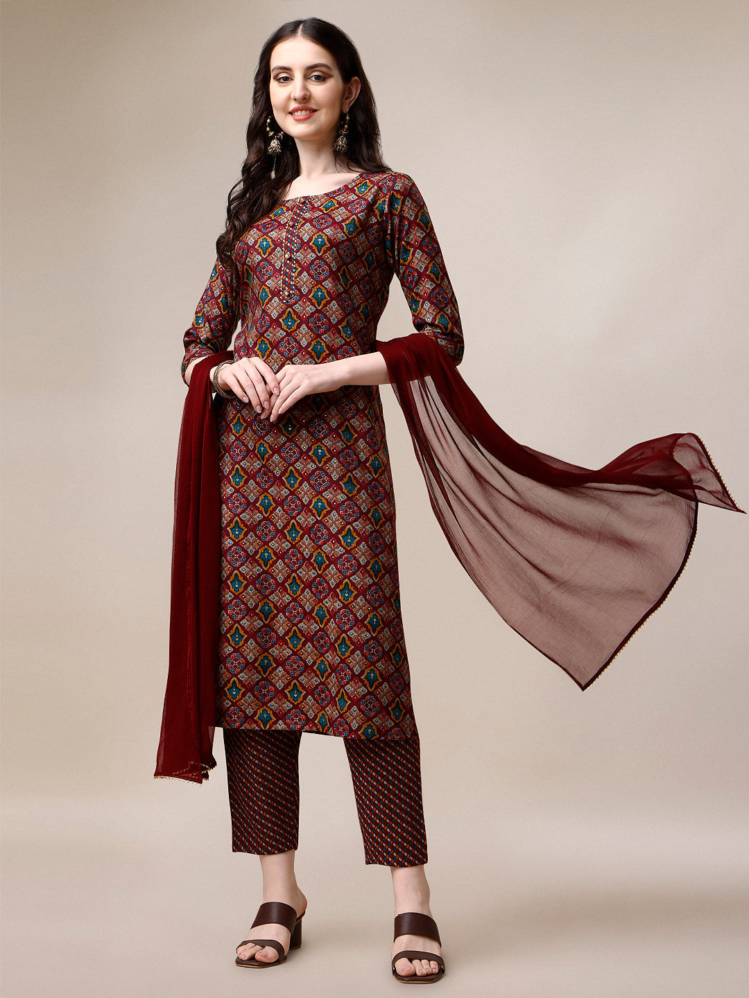 Printed Kurta With Pant & Dupatta Set, Multicolor - Hiral Fashion | Grocsy