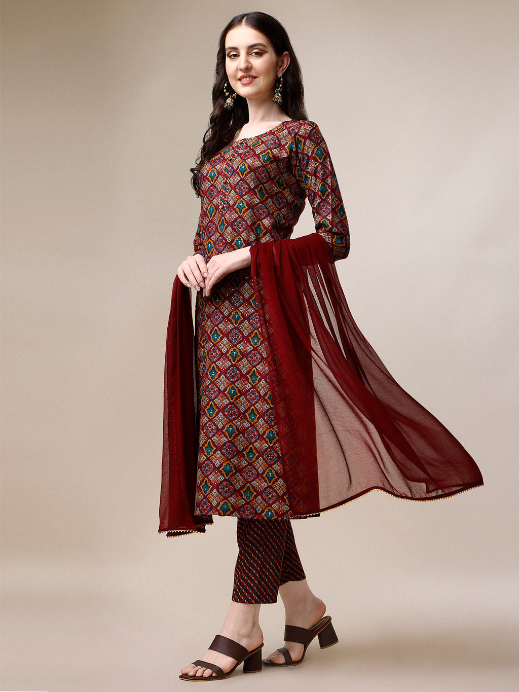 Printed Kurta With Pant & Dupatta Set, Multicolor - Hiral Fashion | Grocsy