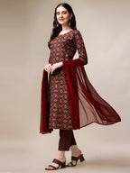 Printed Kurta With Pant & Dupatta Set, Multicolor - Hiral Fashion | Grocsy