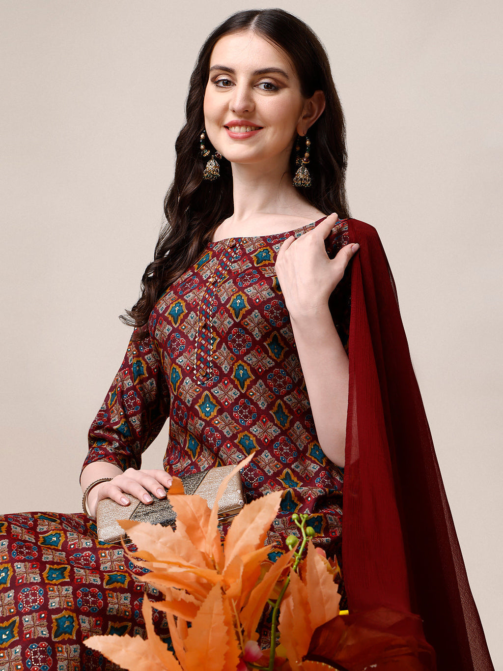 Printed Kurta With Pant & Dupatta Set, Multicolor - Hiral Fashion | Grocsy