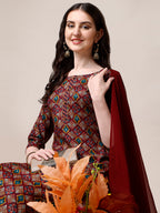 Printed Kurta With Pant & Dupatta Set, Multicolor - Hiral Fashion | Grocsy