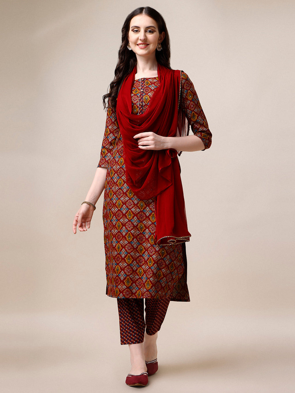 Printed Kurta With Pant & Dupatta Set, Multicolor - Hiral Fashion | Grocsy