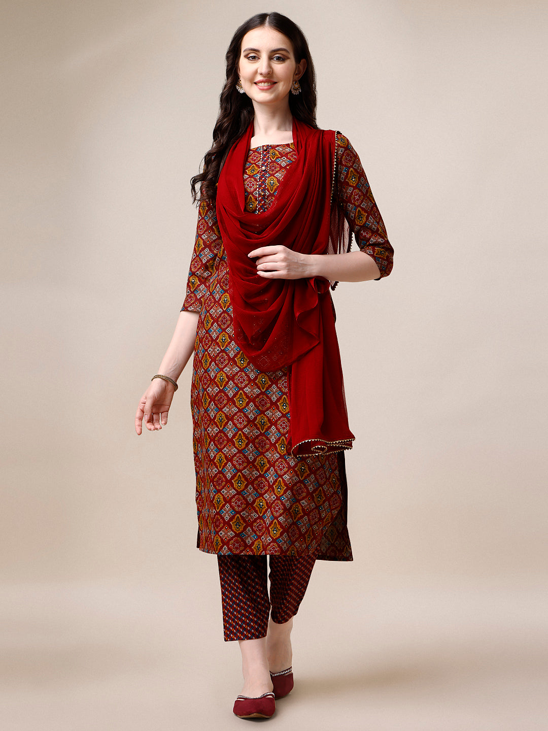 Printed Kurta With Pant & Dupatta Set, Multicolor - Hiral Fashion | Grocsy