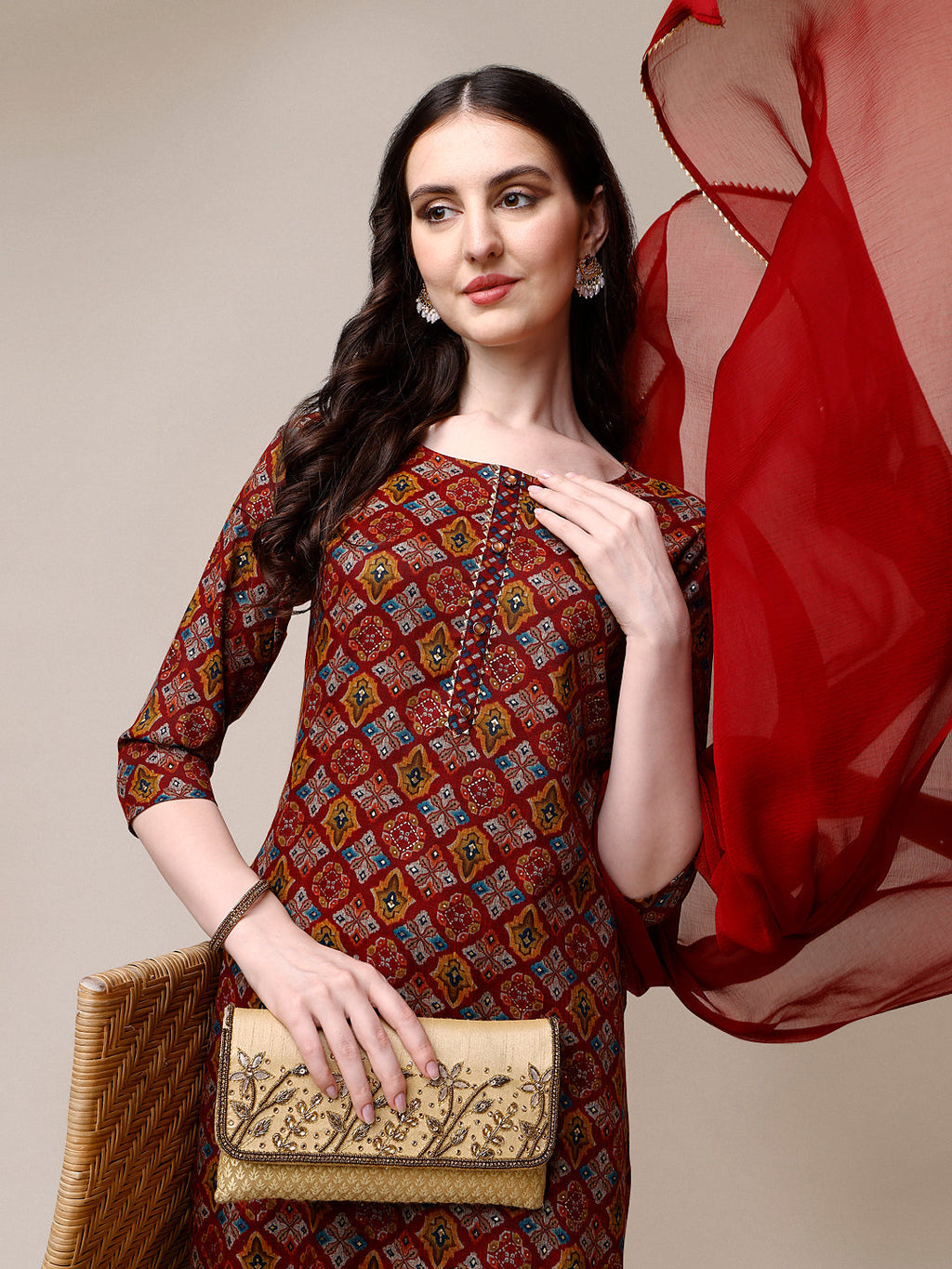 Printed Kurta With Pant & Dupatta Set, Multicolor - Hiral Fashion | Grocsy
