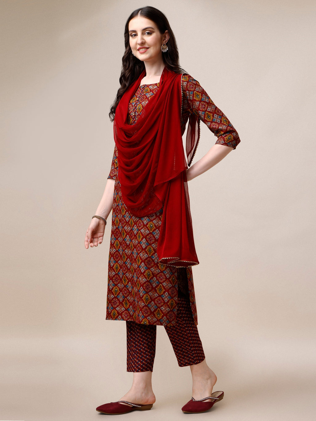Printed Kurta With Pant & Dupatta Set, Multicolor - Hiral Fashion | Grocsy