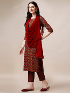 Printed Kurta With Pant & Dupatta Set, Multicolor - Hiral Fashion | Grocsy