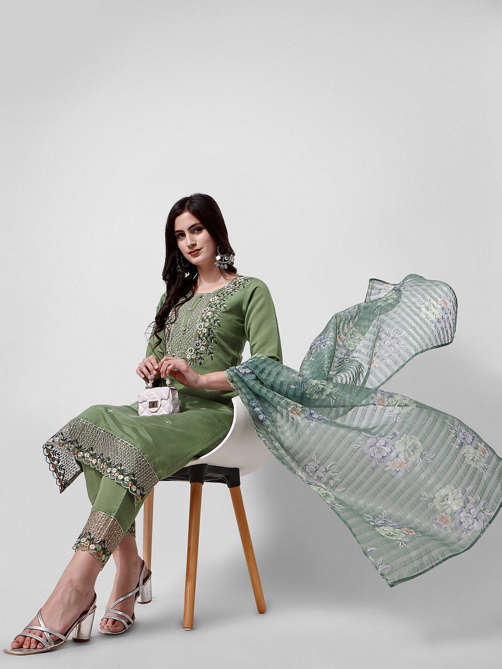 Hand Embroidered Kurta With Pant And Dupatta Set Premium, Multicolor - Hiral Fashion | Grocsy