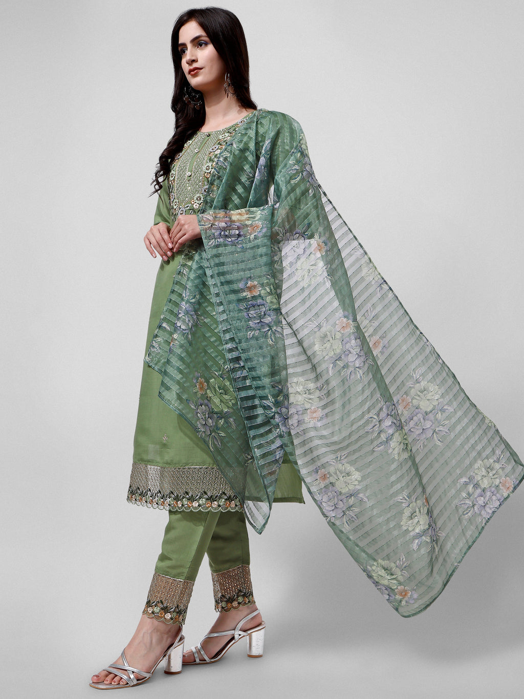 Hand Embroidered Kurta With Pant And Dupatta Set Premium, Multicolor - Hiral Fashion | Grocsy