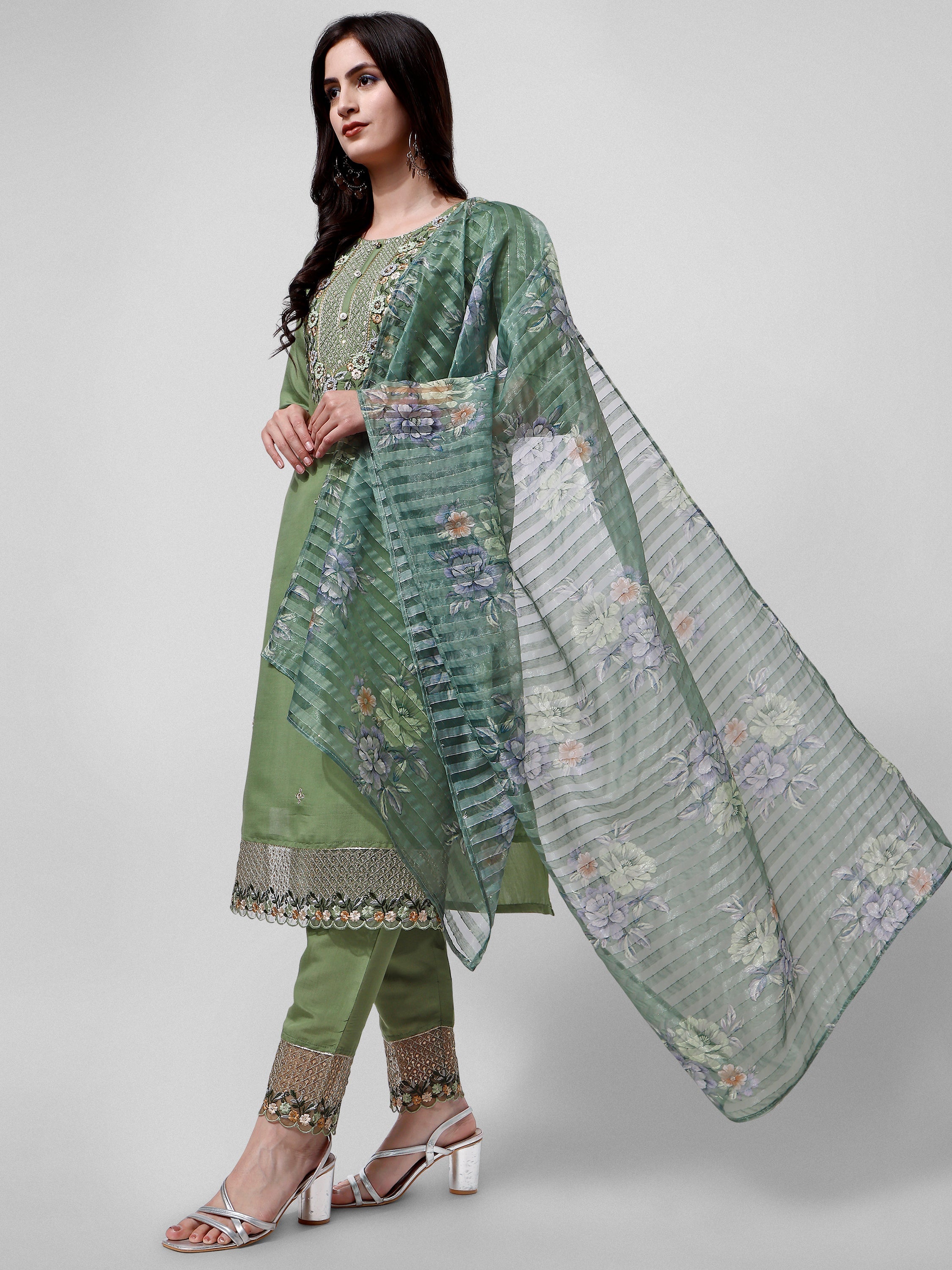 Hand Embroidered Kurta With Pant And Dupatta Set Premium, Multicolor - Hiral Fashion | Grocsy