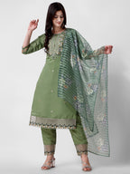 Hand Embroidered Kurta With Pant And Dupatta Set Premium, Multicolor - Hiral Fashion | Grocsy