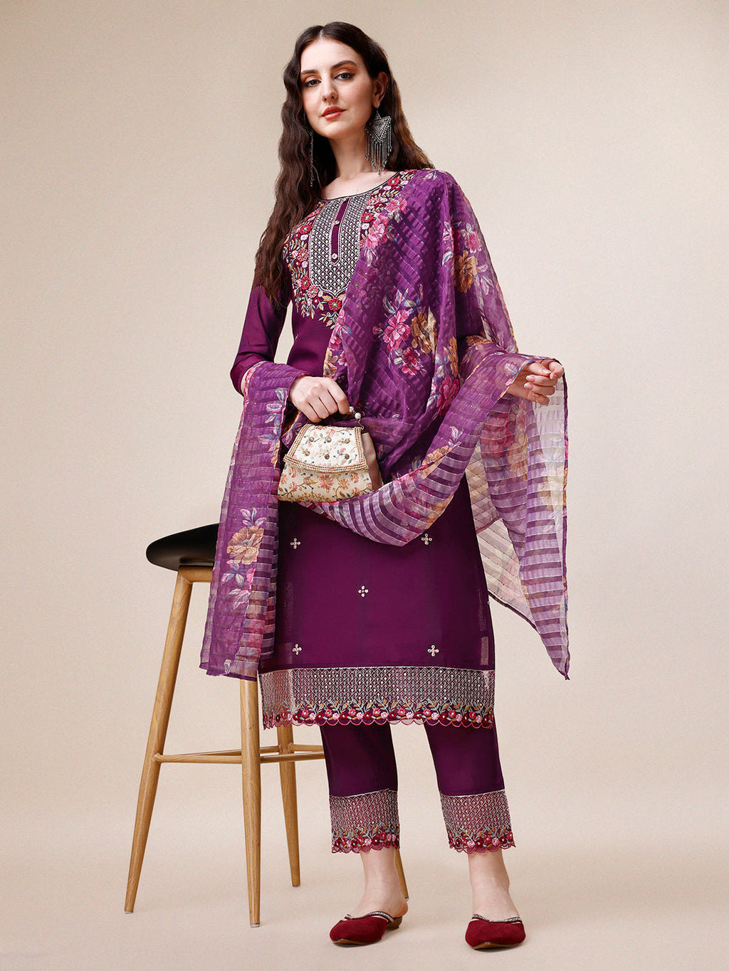 Hand Embroidered Kurta With Pant And Dupatta Set Premium, Multicolor - Hiral Fashion | Grocsy