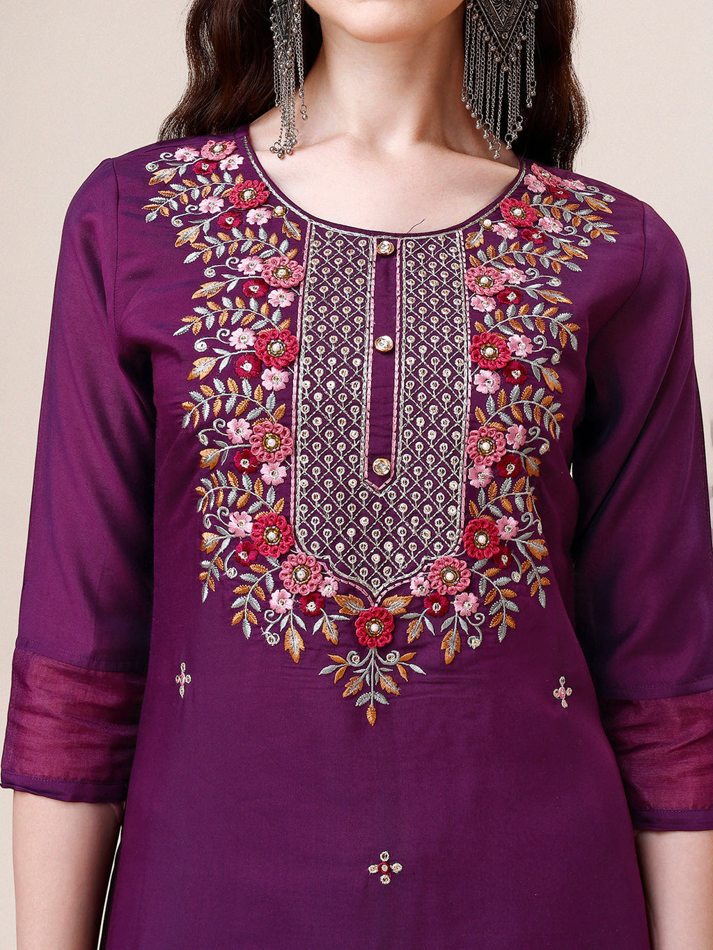 Hand Embroidered Kurta With Pant And Dupatta Set Premium, Multicolor - Hiral Fashion | Grocsy