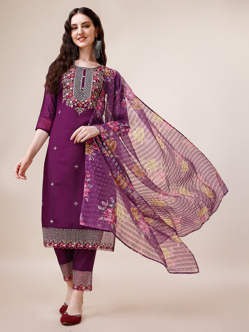 Hand Embroidered Kurta With Pant And Dupatta Set Premium, Multicolor - Hiral Fashion | Grocsy