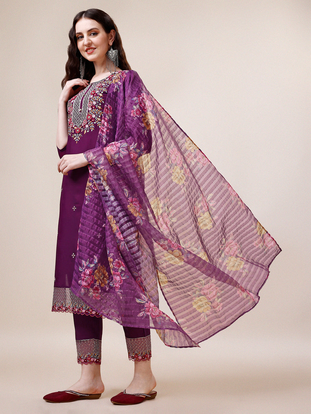 Hand Embroidered Kurta With Pant And Dupatta Set Premium, Multicolor - Hiral Fashion | Grocsy
