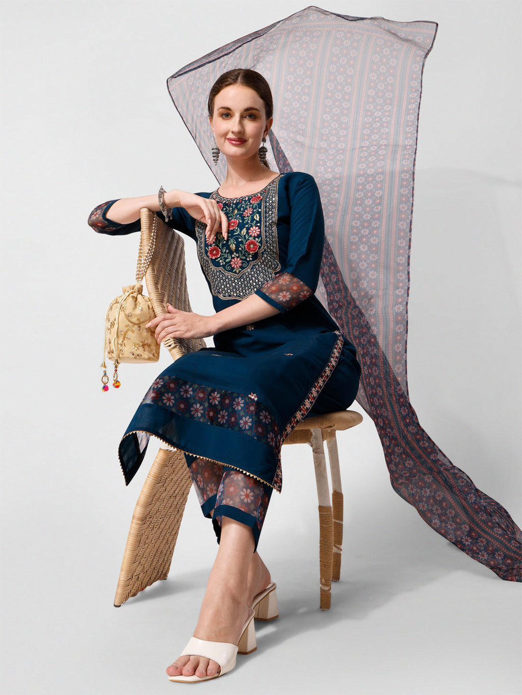 Embroidered Kurta With Pant And Printed Dupatta Set, Multicolor - Hiral Fashion | Grocsy