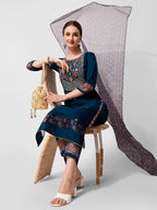 Embroidered Kurta With Pant And Printed Dupatta Set, Multicolor - Hiral Fashion | Grocsy