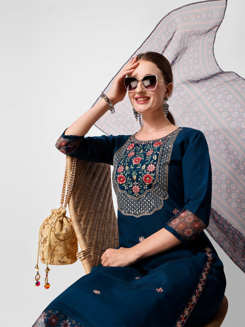 Embroidered Kurta With Pant And Printed Dupatta Set, Multicolor - Hiral Fashion | Grocsy