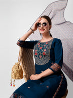 Embroidered Kurta With Pant And Printed Dupatta Set, Multicolor - Hiral Fashion | Grocsy
