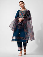Embroidered Kurta With Pant And Printed Dupatta Set, Multicolor - Hiral Fashion | Grocsy