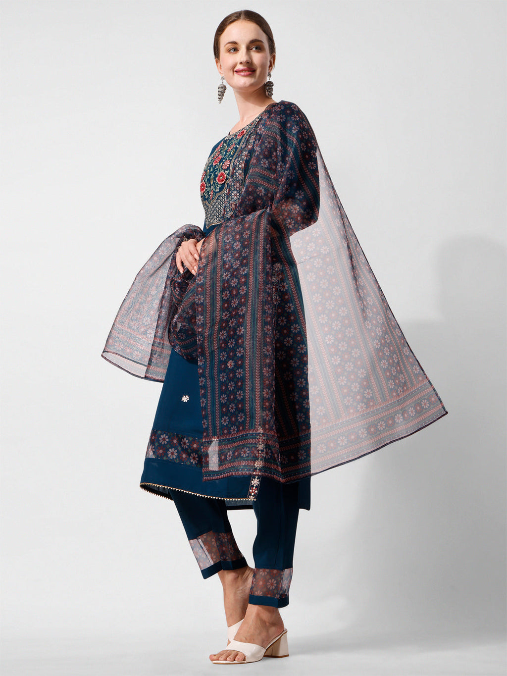 Embroidered Kurta With Pant And Printed Dupatta Set, Multicolor - Hiral Fashion | Grocsy