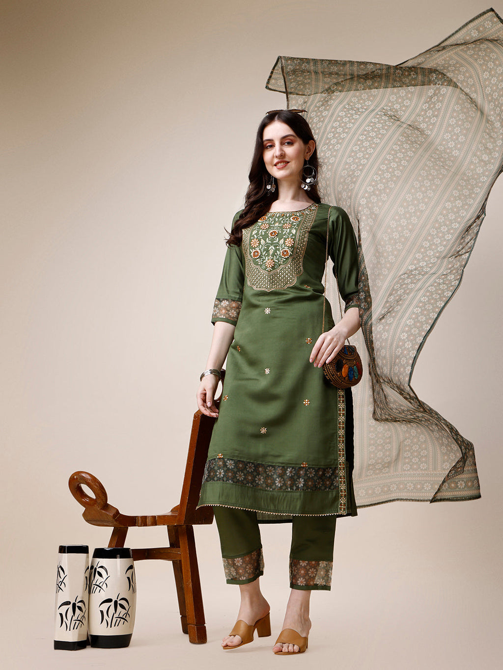 Embroidered Kurta With Pant And Printed Dupatta Set, Multicolor - Hiral Fashion | Grocsy