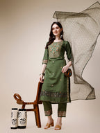 Embroidered Kurta With Pant And Printed Dupatta Set, Multicolor - Hiral Fashion | Grocsy