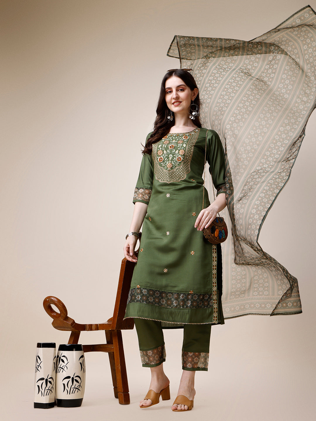 Embroidered Kurta With Pant And Printed Dupatta Set, Multicolor - Hiral Fashion | Grocsy